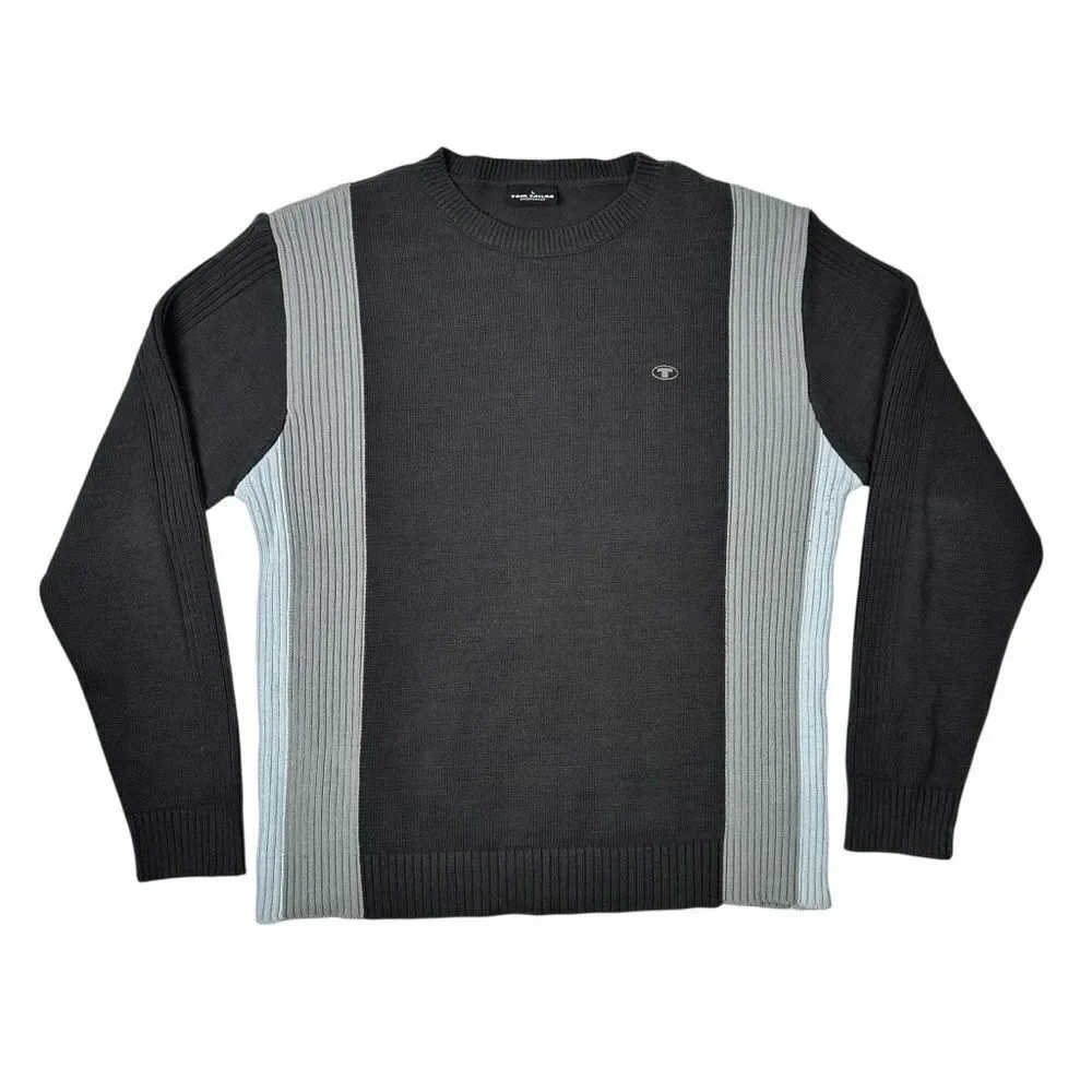 TOM TAILOR Mens Crew Neck Jumper Sweater Medium Ribbed Grey Y2K VTG Colorblock